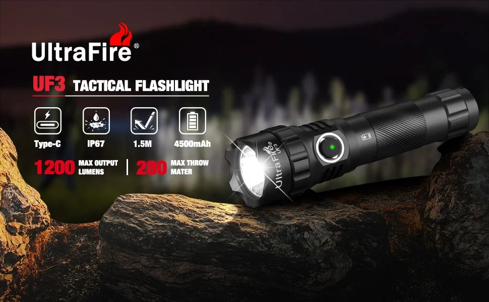 UltraFire UF3 Tactical Flashlight 1200LM Powerful Police LED Torch 3 Modes 21700 USB C Rechargeable with 360° Belt Clip Holster