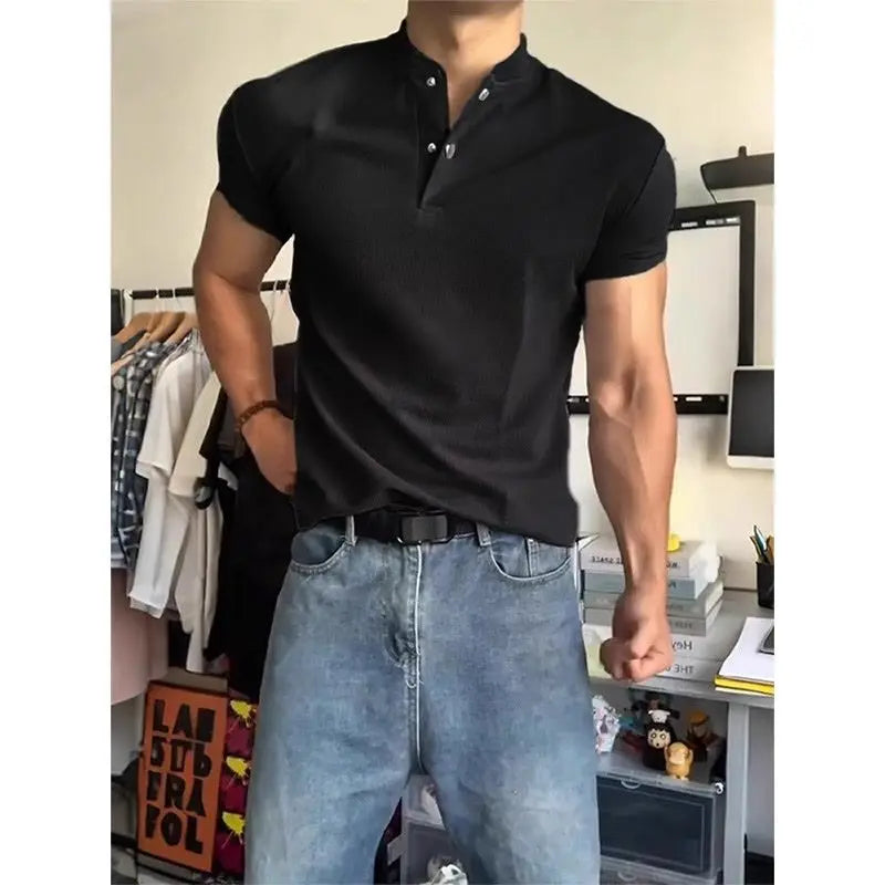 Short-sleeved T-shirt for Men Summer American-style Sports Fitness Regular Shoulder Muscle-revealing Three-quarter Sleeve