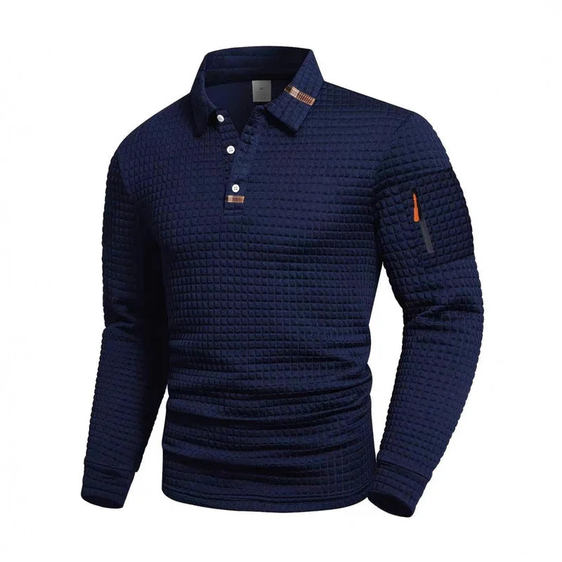 Men's textured long-sleeved polo shirt, available in 5 colors, suitable for spring and autumn. White collar, button design, zipper detail