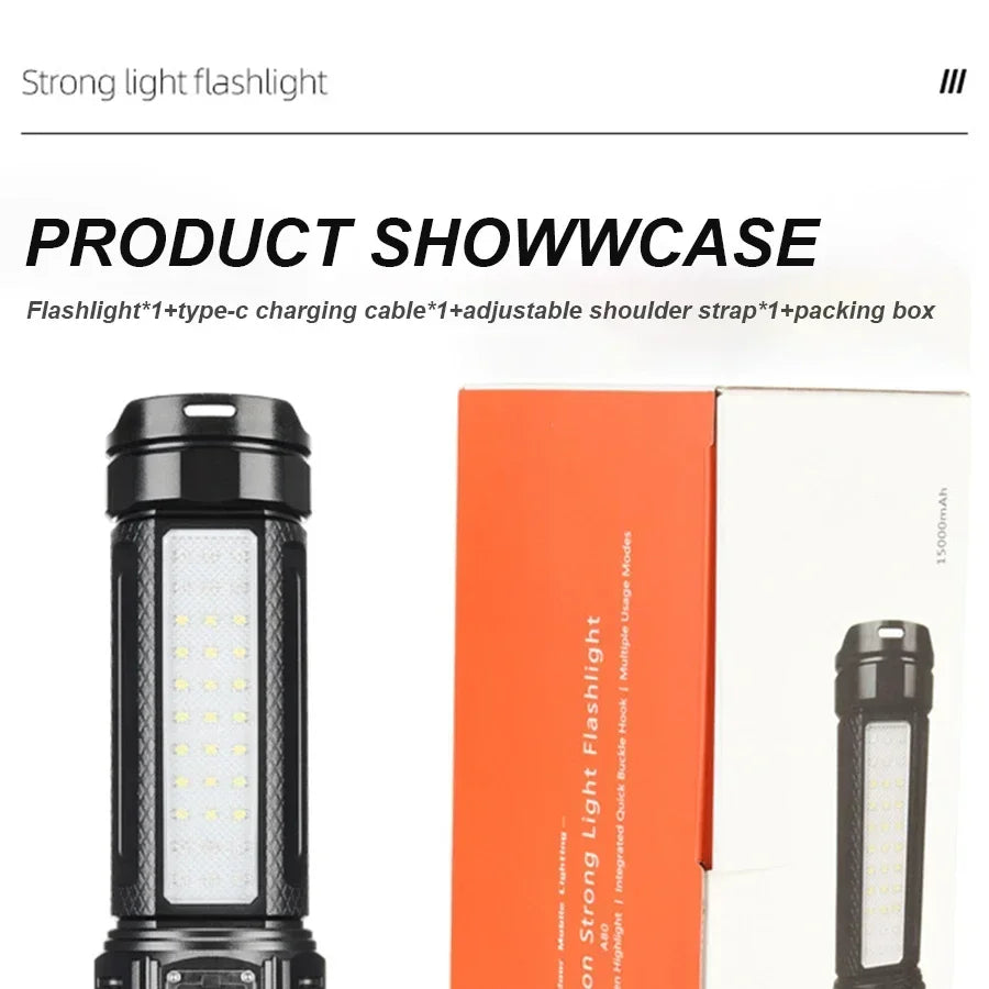 Ultra Bright Long-range Tactical Flashlight High Power LED Rechargable Torch Built-in 15000mAh Battery Camping Hunting Lantern
