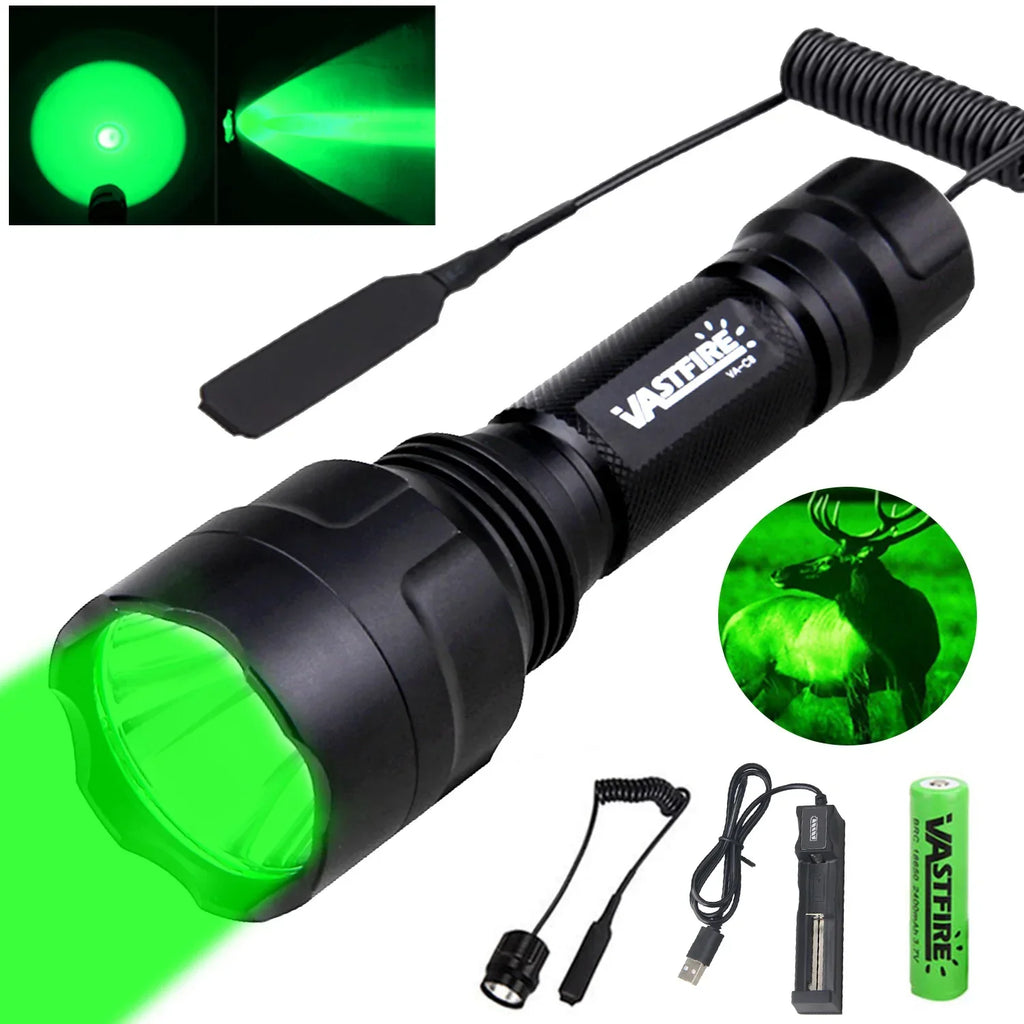 LED Tactical Hunting Flashlight Green/Red/White Torch USB Rechargeable 350LM 600-800 Yards Range C8 Shooting Scout Lights Set