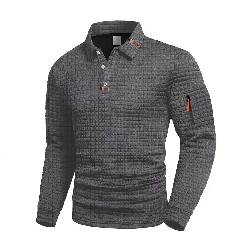 Men's textured long-sleeved polo shirt, available in 5 colors, suitable for spring and autumn. White collar, button design, zipper detail