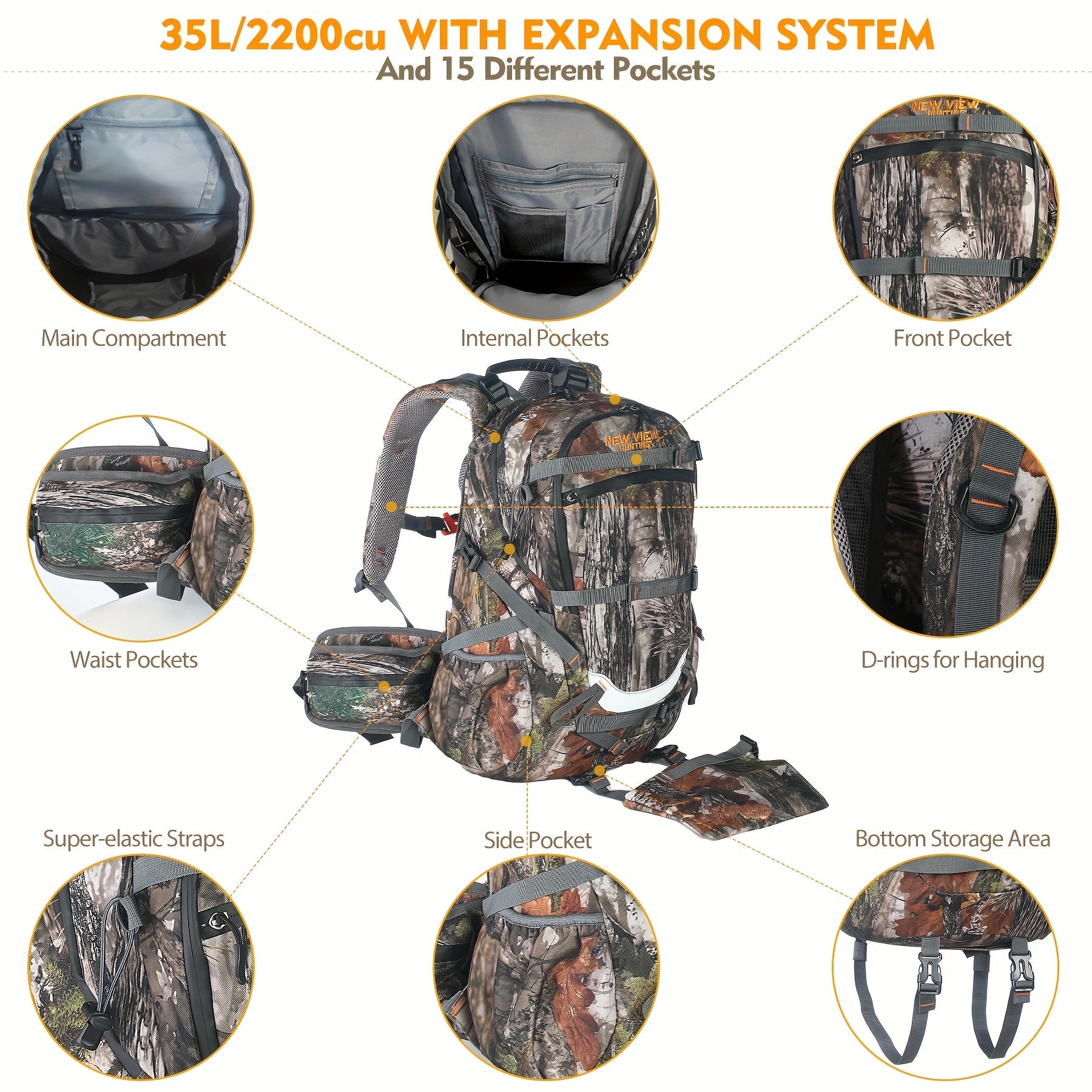 9Gal 35L Tactical Camouflage Backpack for Hunting, Hiking, Camping - 15-Compartment Durable High Quality Outdoor Bag with Adjustable Shoulder Straps, Rifle Bow & Handgun Compatible, Stain & Fade-Resistant