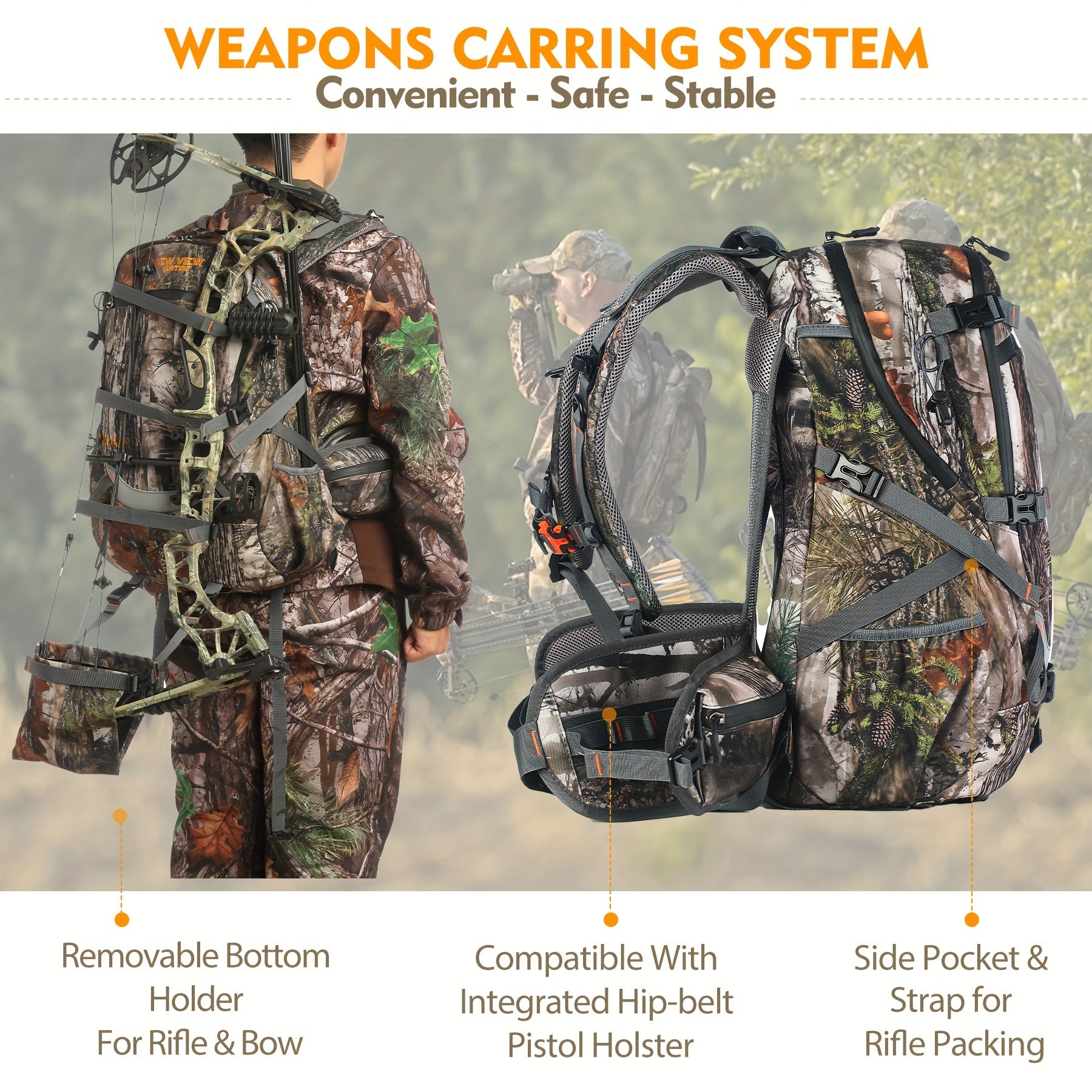 9Gal 35L Tactical Camouflage Backpack for Hunting, Hiking, Camping - 15-Compartment Durable High Quality Outdoor Bag with Adjustable Shoulder Straps, Rifle Bow & Handgun Compatible, Stain & Fade-Resistant