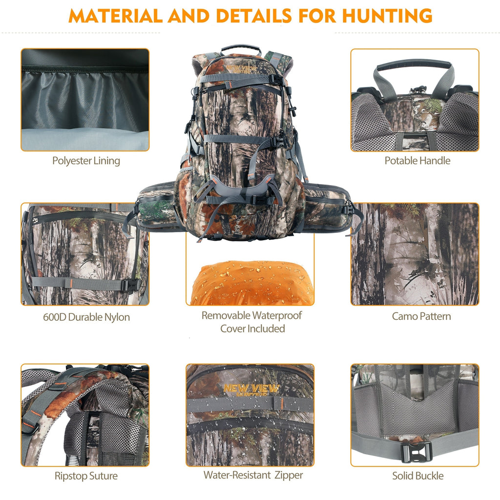 9Gal 35L Tactical Camouflage Backpack for Hunting, Hiking, Camping - 15-Compartment Durable High Quality Outdoor Bag with Adjustable Shoulder Straps, Rifle Bow & Handgun Compatible, Stain & Fade-Resistant