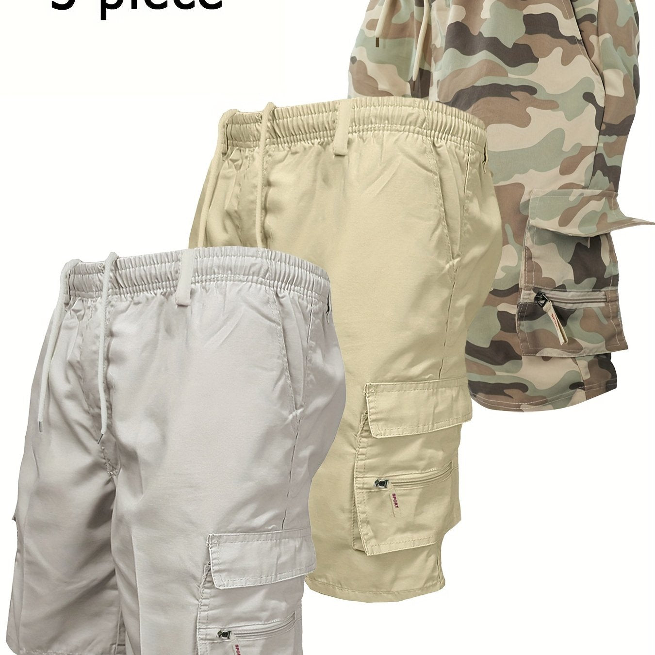 Men's Workwear Shorts 3pcs Set Camouflage Workwear Shorts Outdoor Tactical Shorts Summer Casual Sports Pants Loose Elastic Waist Work Hiking Sports Shorts 3pcs Set