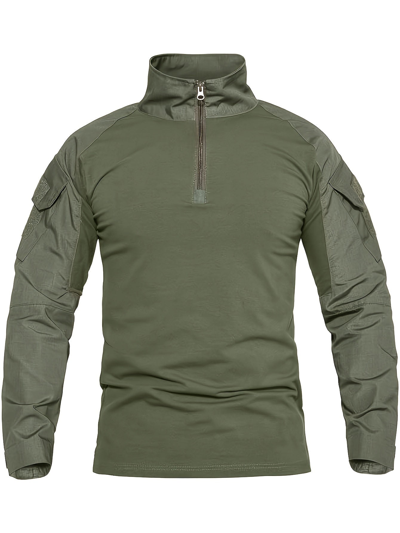 Color Block Cotton Men's Training Tactical Long Sleeve Slim Stretch Top With Half Zipper And Pockets, Outdoor Hiking, Climbing, Camping, Fishing Sports