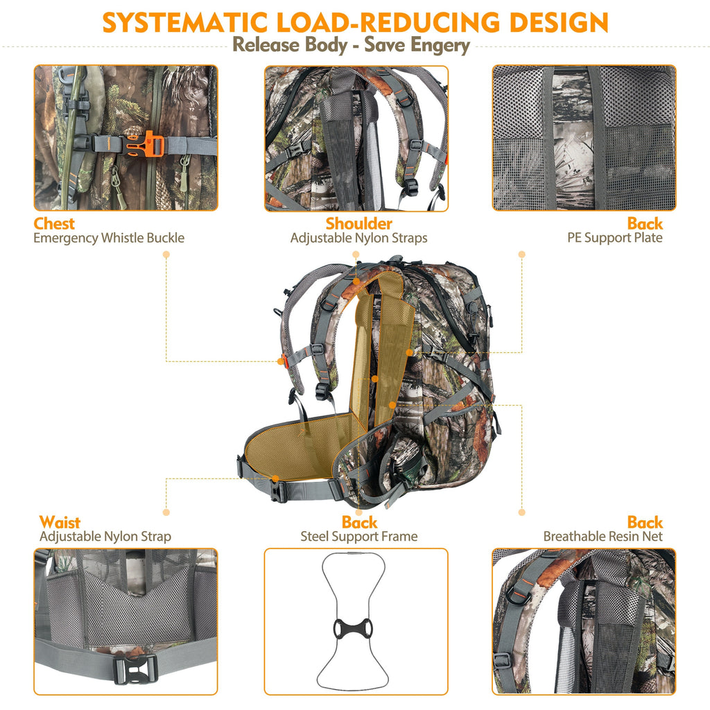 9Gal 35L Tactical Camouflage Backpack for Hunting, Hiking, Camping - 15-Compartment Durable High Quality Outdoor Bag with Adjustable Shoulder Straps, Rifle Bow & Handgun Compatible, Stain & Fade-Resistant