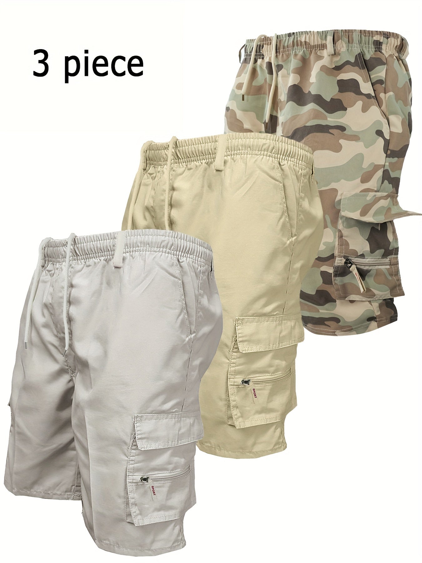 Men's Workwear Shorts 3pcs Set Camouflage Workwear Shorts Outdoor Tactical Shorts Summer Casual Sports Pants Loose Elastic Waist Work Hiking Sports Shorts 3pcs Set