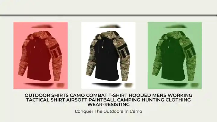 Outdoor Shirts Camo Combat T-Shirt Hooded Mens Working Tactical Shirt Airsoft Paintball Camping Hunting Clothing Wear-resisting by@Outfy