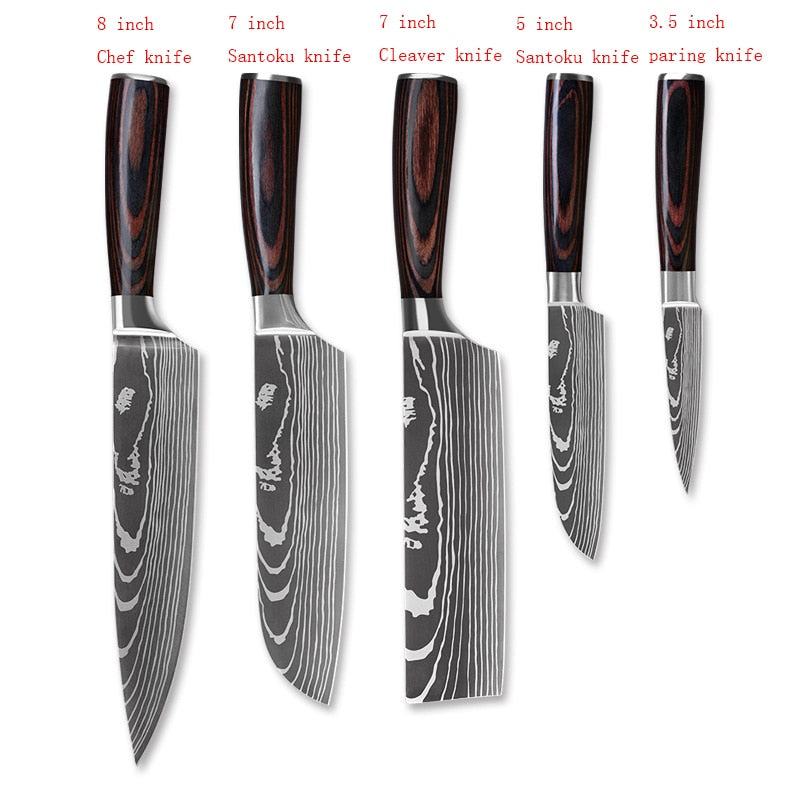 Damascus Pattern Chef Knife Set - Premium Stainless Steel Kitchen Knives with Wood Handles