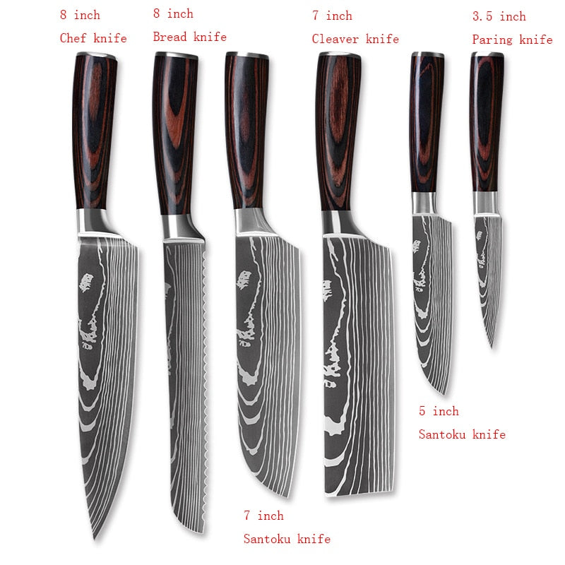 Damascus Pattern Chef Knife Set - Premium Stainless Steel Kitchen Knives with Wood Handles
