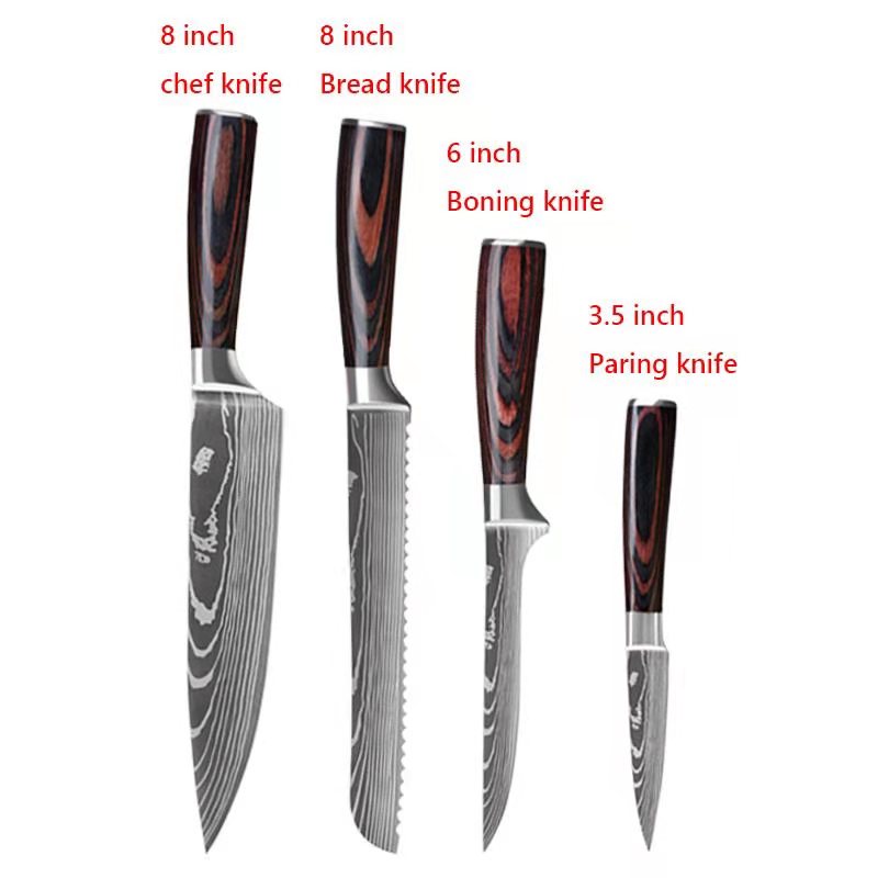 Damascus Pattern Chef Knife Set - Premium Stainless Steel Kitchen Knives with Wood Handles