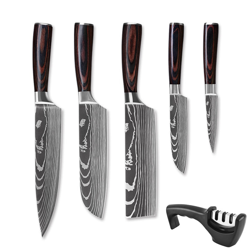 Damascus Pattern Chef Knife Set - Premium Stainless Steel Kitchen Knives with Wood Handles