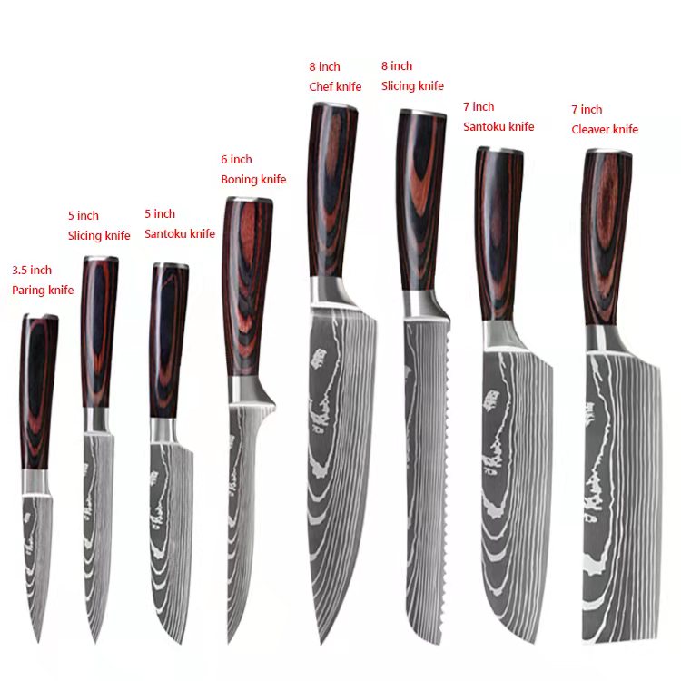 Damascus Pattern Chef Knife Set - Premium Stainless Steel Kitchen Knives with Wood Handles