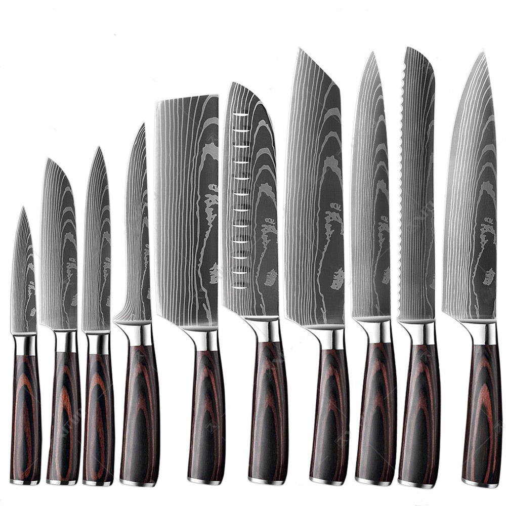 Damascus Pattern Chef Knife Set - Premium Stainless Steel Kitchen Knives with Wood Handles