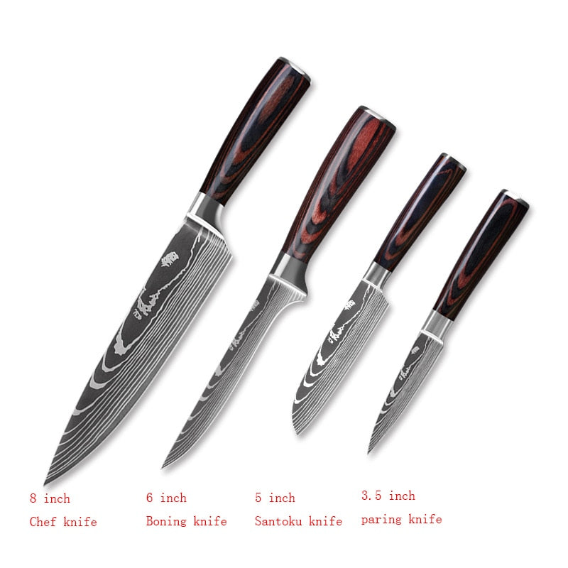 Damascus Pattern Chef Knife Set - Premium Stainless Steel Kitchen Knives with Wood Handles