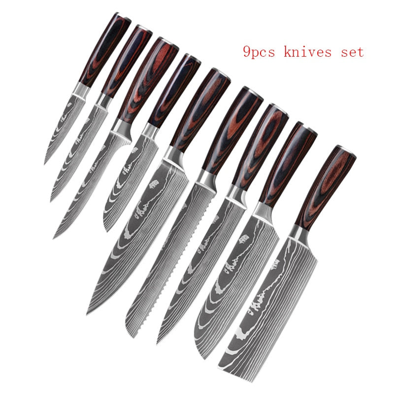 Damascus Pattern Chef Knife Set - Premium Stainless Steel Kitchen Knives with Wood Handles