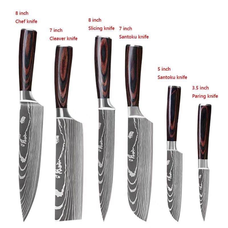 Damascus Pattern Chef Knife Set - Premium Stainless Steel Kitchen Knives with Wood Handles