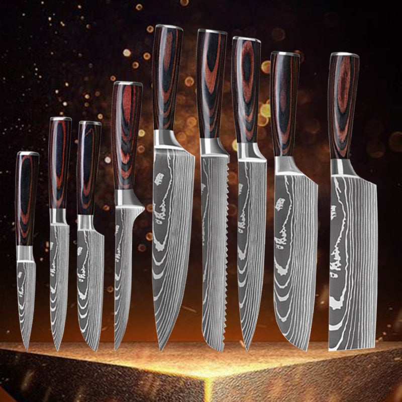 Damascus Pattern Chef Knife Set - Premium Stainless Steel Kitchen Knives with Wood Handles